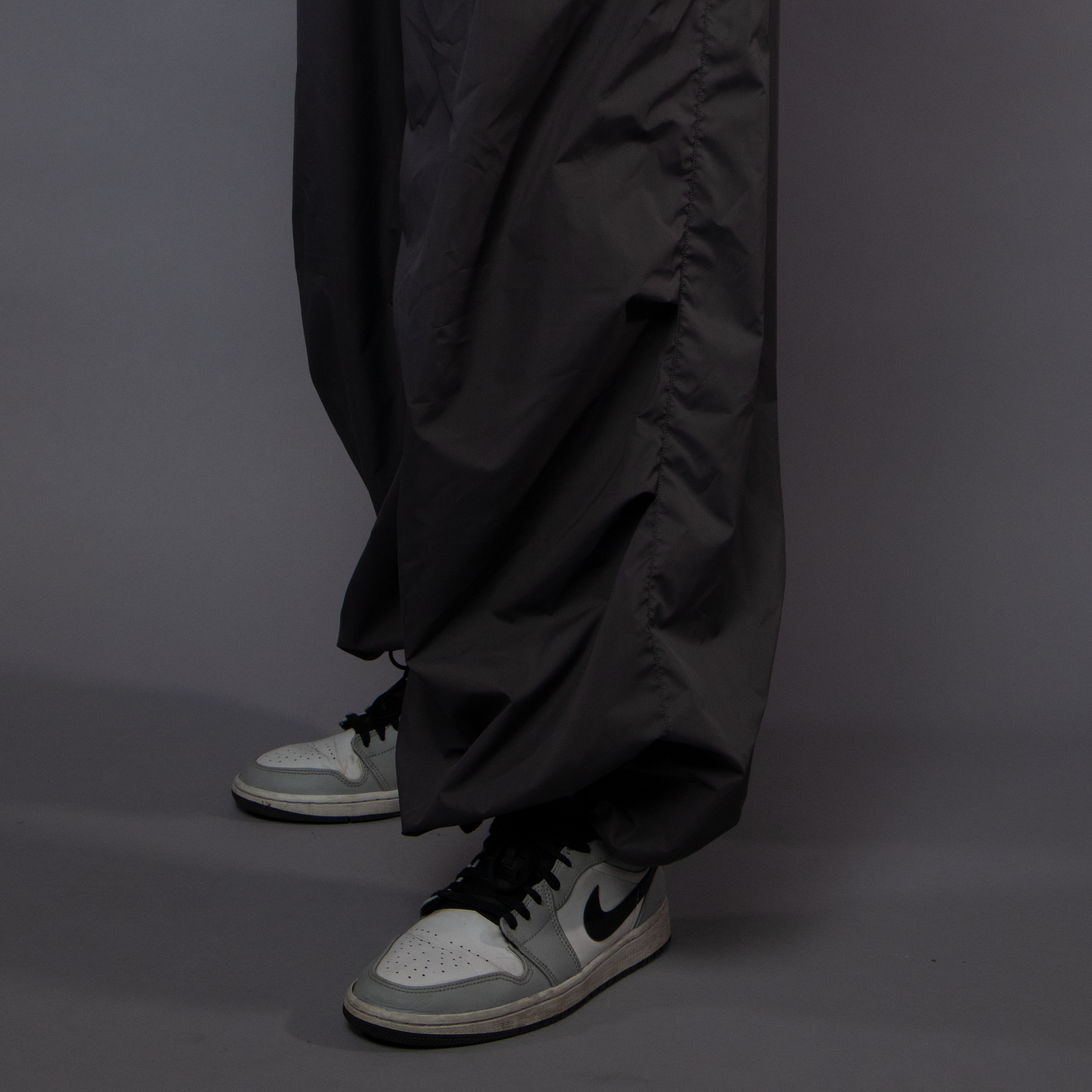 Grey Baggy Parachute Pants first we flex